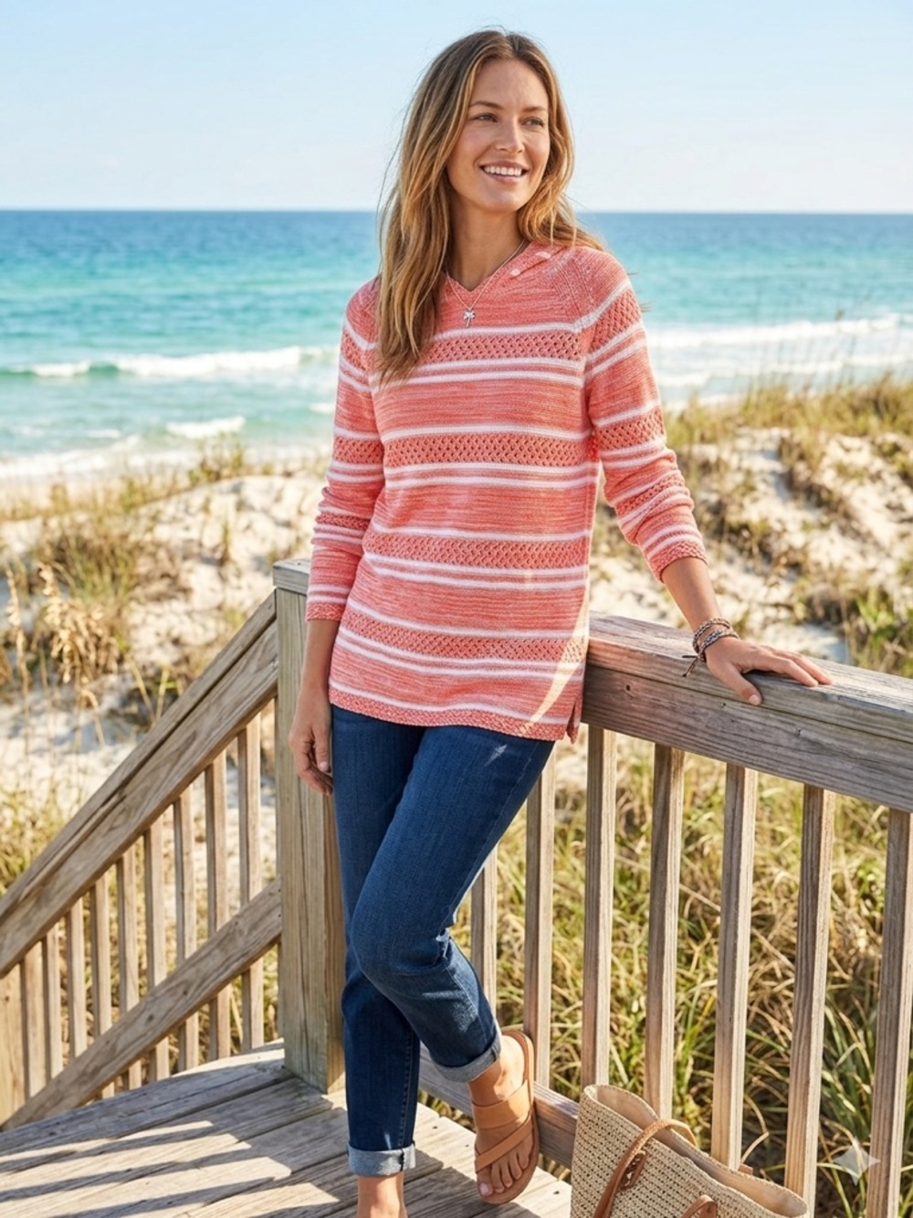 Tommy Bahama Open Knit Striped Beach Hoodie Sweater Coral/White L